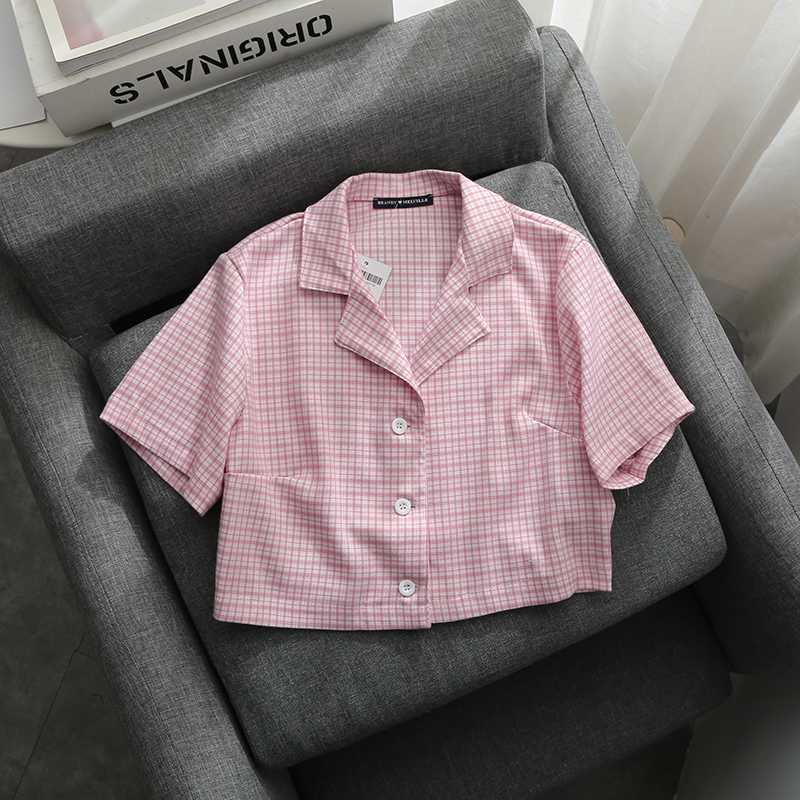 

Soft girls pink plaid short shirts 2020 fashion ladies elegant casual shirt streetwear girls bomb tops femme vintage women chic