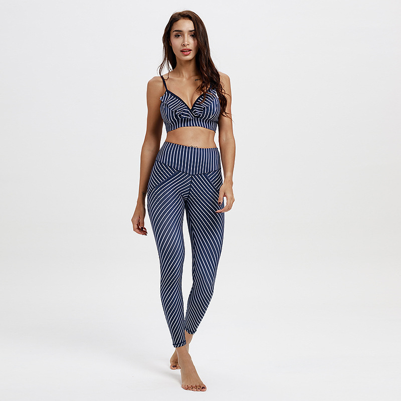 

2 Piece Set Women Striped Fitness Set Push Up Seamless Yoga Sets Sports Bra + High Waist Leggings Sexy High Elastic Workout Suit, Blue