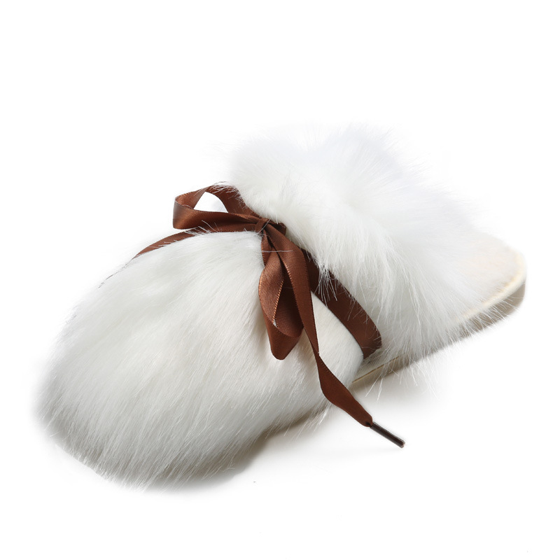 

Mudibear 2020 Autumn Winter Furry Slippers Women Fashion Bow Long Wool Sandal Indoor Wood Floor Warm Cotton Flat Slippers, Pink