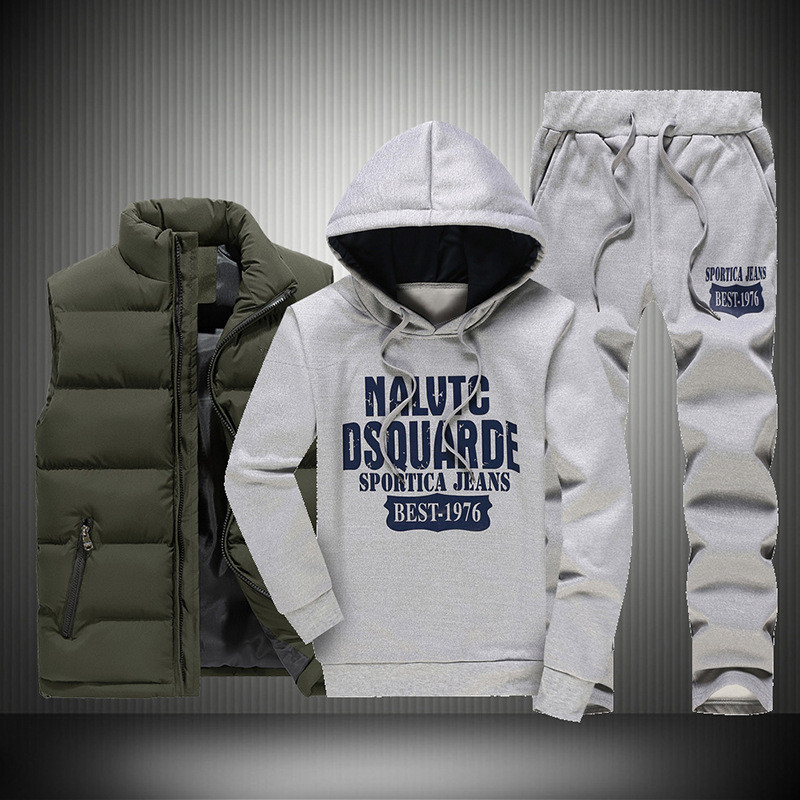 

New Winter Thicken Warm Tracksuit Men 3 Pieces Hooded Fleece Hoodies+Zipper Vest+Sweatpants Track Suit Man Print Sportswear Coat 200921, Gray