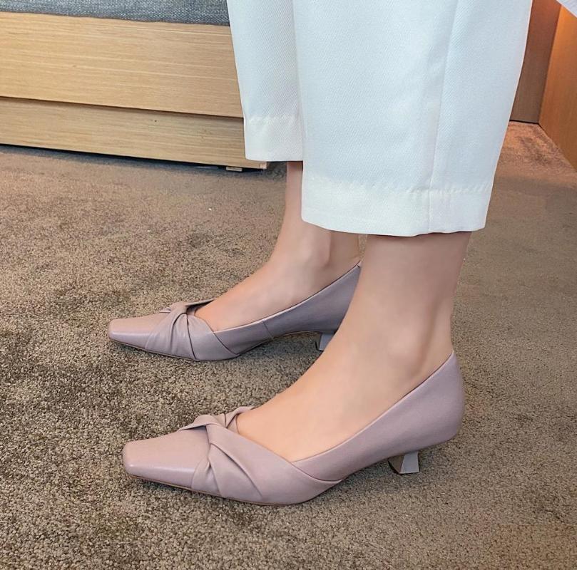 

2020 new spring and autumn simple and stylish small square head high heels female wild temperament leather heeled shoes X159, Black