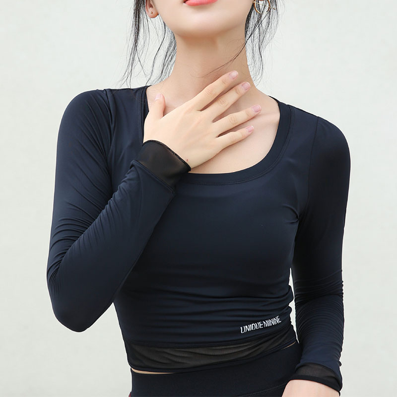 

Women Yoga Top Long Sleeve T-shirt Gym Sexy Crop Tops Elastic Workout Tops Fitness Running Tight Sportswear Soft Spandex, Black