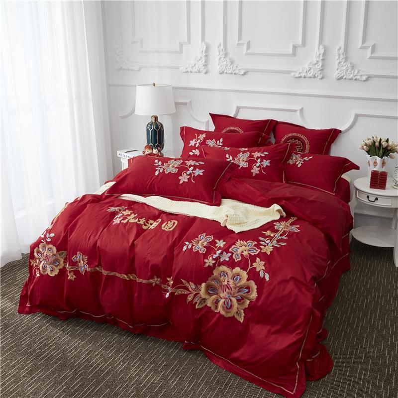 

High-quality 100% Cotton luxury Chinese Wedding Bedding Set Embroidery Duvet Cover Bed Sheet Pillowcases Queen King Size J/6pcs, Pdl4