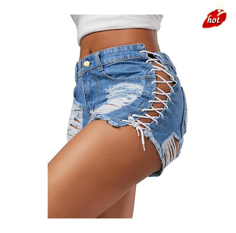 

2020 New Women Sexy Summer Denim Shorts High Waist Straight Ripped Short Jeans Femme Tassel Bandage Hotpants O8R2, Black