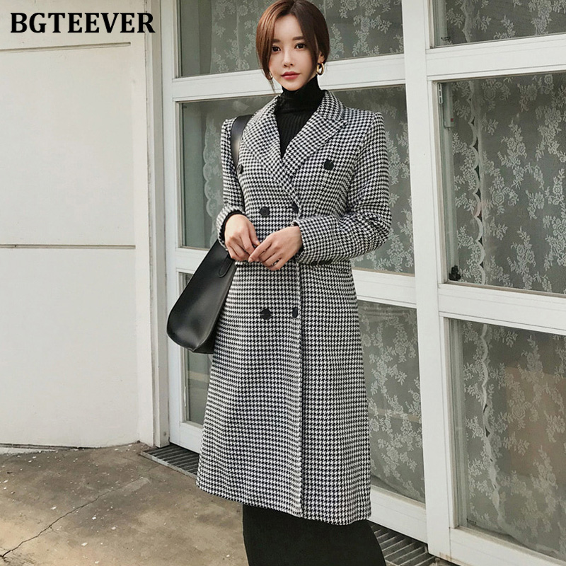 

BGTEEVER Vintage Plaid Double-breasted Long Overcoat Women Winter Full Sleeve Female Woolen Coats Thicken Blend Coat Femme 2020