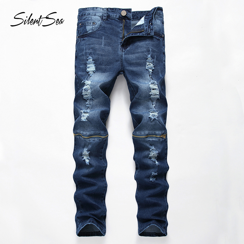 

Silentsea New Straight Jeans Pants Men High Quality Hole Streetwear Designer Vintage Pants Male Fashion Casual Biker Jeans Denim, Blue