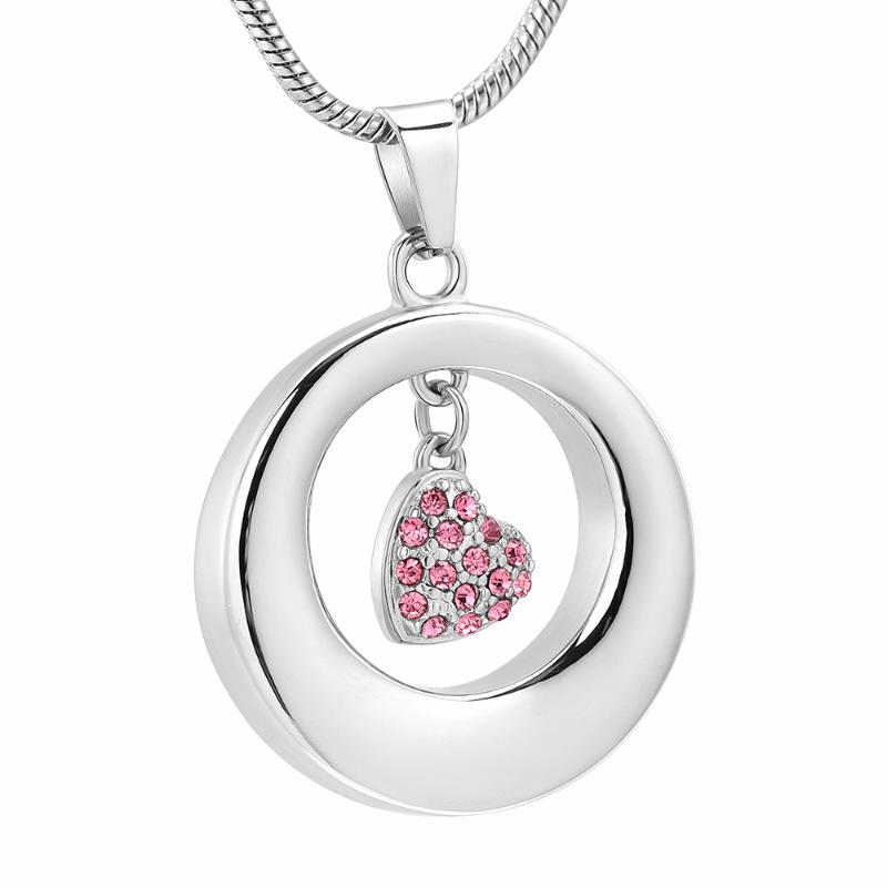 

Stainless Steel Cremation Pendant Necklace Pink Crystals in Heart Charm Circle Pendant Ashes Keepsake Urn Necklace for Women