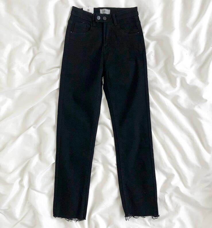 

Temperament Stretch Slim Thin Washed Trousers Straight Denim Ankle-Length Pants, Black