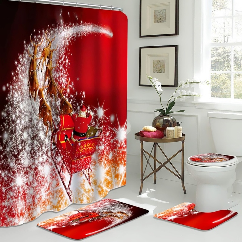 

Dreamlike Glitter Christmas Santa Claus Reindeer Waterproof 180*180cm Shower Curtain Toilet Seat Set Bathroom Decoration