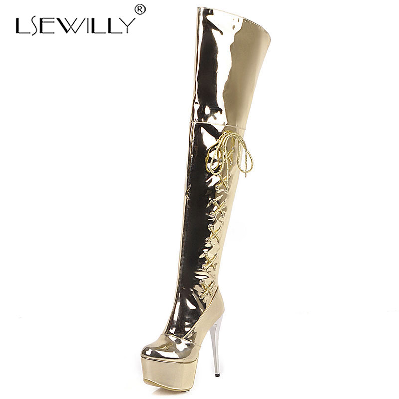 

Lsewilly Mirror Patent Leather Women Over The Knee Boots European Sexy Super High Heels Thigh High Boots Nightclub Evening Shoes, Gold