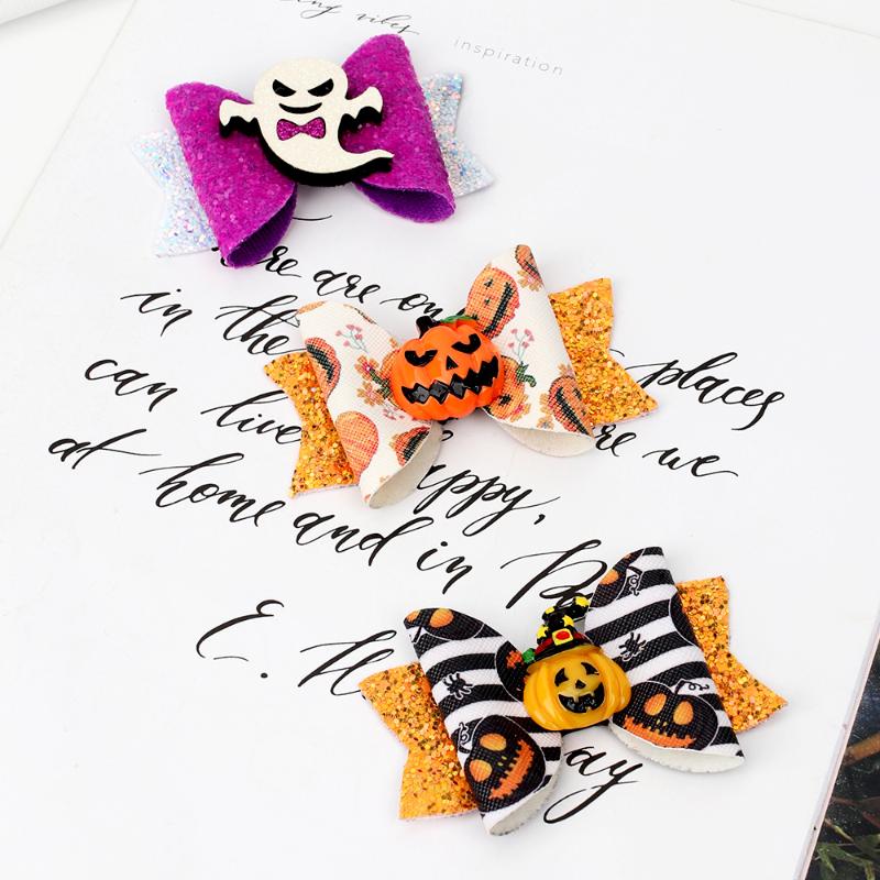 

Sequins Hair Bows Pumpkin Printing Halloween Hair Clips For Girls Festival Party Handmade Hairgrips Accessories