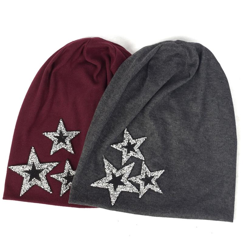 

2020 Women Winter Slouchy Fashion Skullies Beanies Star Rhinestones Cotton Hats For Ladies Female Fashion Baggy Solid Color Caps, Gold gray
