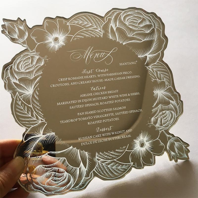 

20pieces Per Lot 180x180mm Engraved Letters Floral Golden Mirror/Silver Mirror Acrylic Wedding Menu Cards