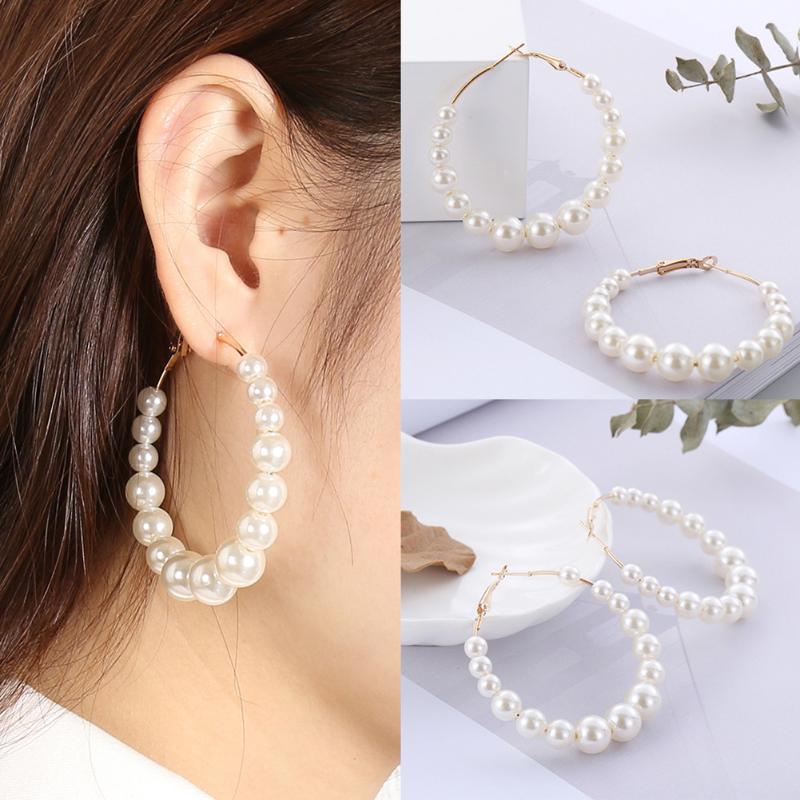 

Elegant White Pearls Round Hoop Earrings Women Small Big Pearl Circle Earrings Fashion Women Wedding Engagement Jewelry