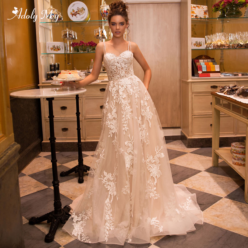 

Adoly Mey Gorgeous Appliques Court Train A-Line Wedding Dress 2020 Luxury Spaghetti Straps Beaded Princess Bridal Gown Plus Size, Champagne