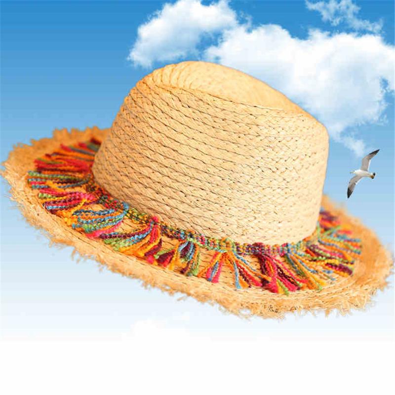

100% Raffia Straw Women Sun Hat For Elegant Lady Summer Wide Brim Panama Hat With Tassel Queen Sunbonnet Beach Sunhat Fedora Cap