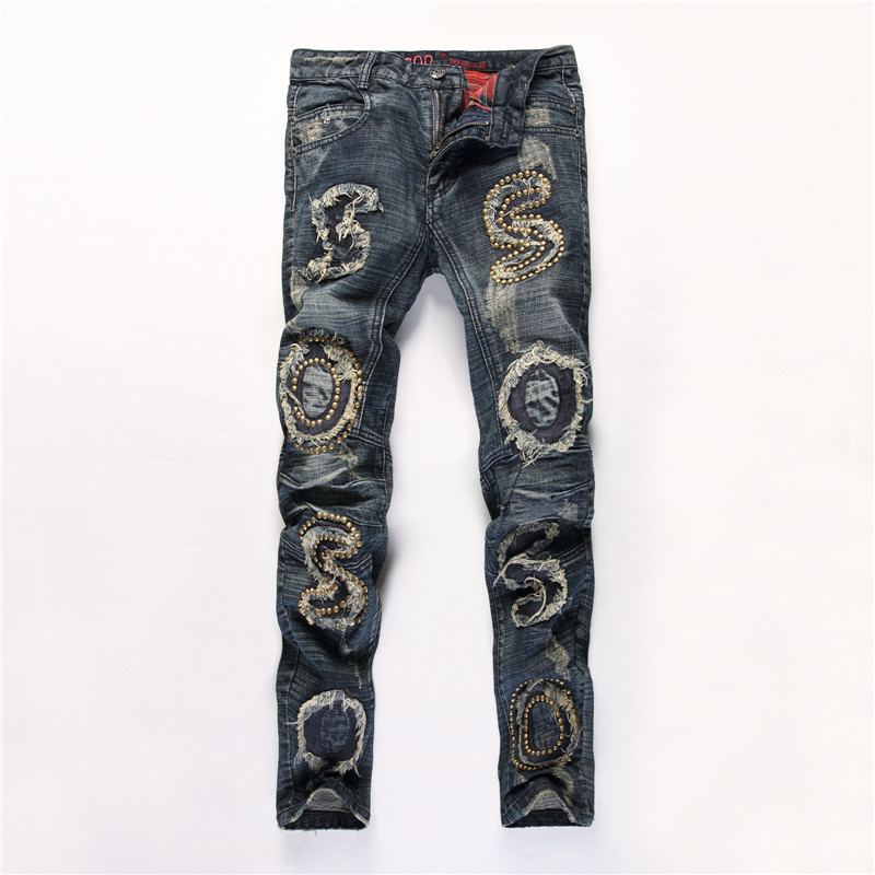 

New sosoo patchwork rivets scratched jeans men nightclub slim straight hip hop denim pants streetwear strappati trendy clothing, Blue jeans