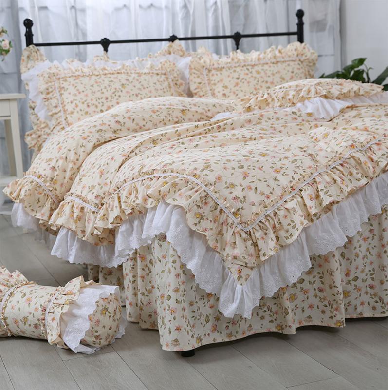 

Rustic flower bedding set girl, full queen king cotton vintage single double home textile bed skirt pillow case quilt cover, Picture color