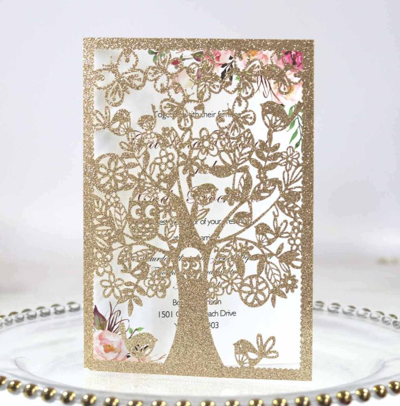 

Glitter Paper Hollow Tree With Bird Invitation Card Greeting Cards
