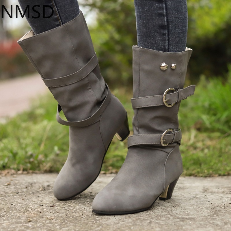 

Autumn Winter Women Boots Pu Leather Buckle Strap Western Boots Ladies Mid Heels Round Toe Female Shoes Botas Mujer, Black