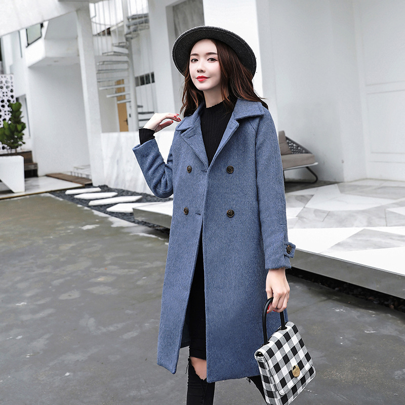 

Fashion Office Lady Women Long Winter Wool Blend Coat Slim Turn-down Collar Wool Coat And Jacket Pockets Outerwear, Blue