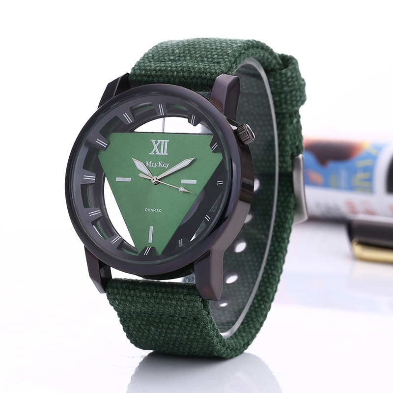 

new arrivals timelimited designers foreign trade hot selling linen belt mens watch doublesided hollow perspective triangle stripe ding sca, Green