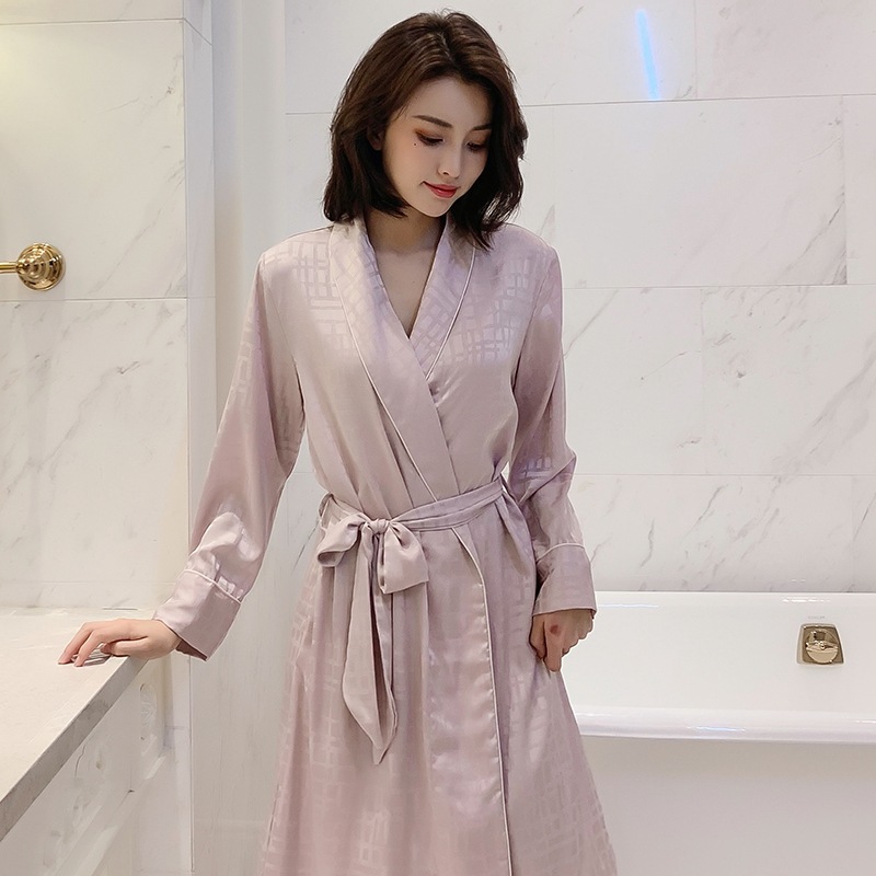 

Pink Kimono Robe Long Sleeve Satin Homewear With Pocket Women Sleepwear Bathrobe Gown Sexy Spring and Summer New Nightwear, White