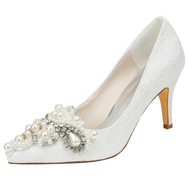 

8 cm Pointed Toe White Lace Wedding Pumps With Pearls, Custom colors