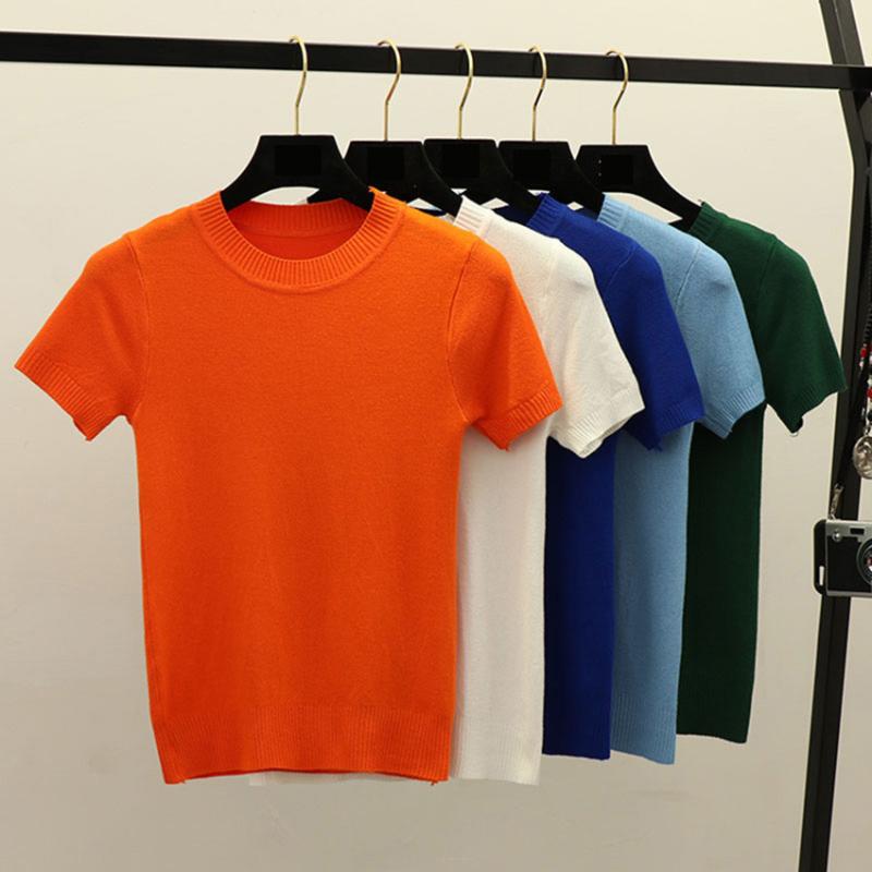 

2020 Spring Summer Knitted Top Tees Women O-Neck Short Sleeve Thin Crop Tops Ladies Fitness Slim Tee Shirt Femme Knitwear, Color5