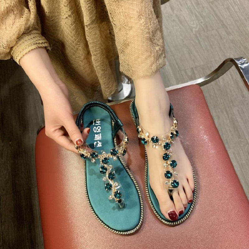

2020 summer new flat-heeled toe rhinestone ankle strap women sandals wild comfortable flat herringbone beach shoes women, Black