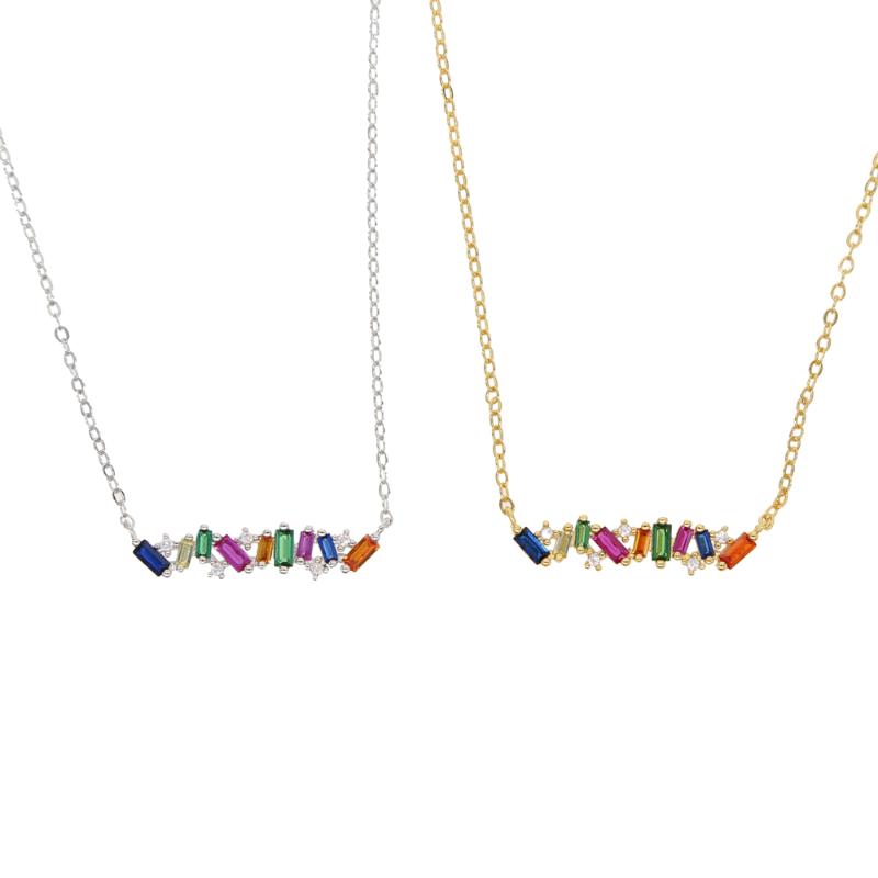 

2020 simple rainbow baguette cubic zirconia cz bar necklace big colored cz geometric minimal Gold filled high quality necklaces