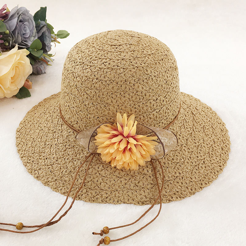 

New Women Hat 2020 Spring and Summer Straw Cap Korean Version of Lady Flowers Outdoor Beach Sunshade Fashion Hats Wholesale H019, Khaki
