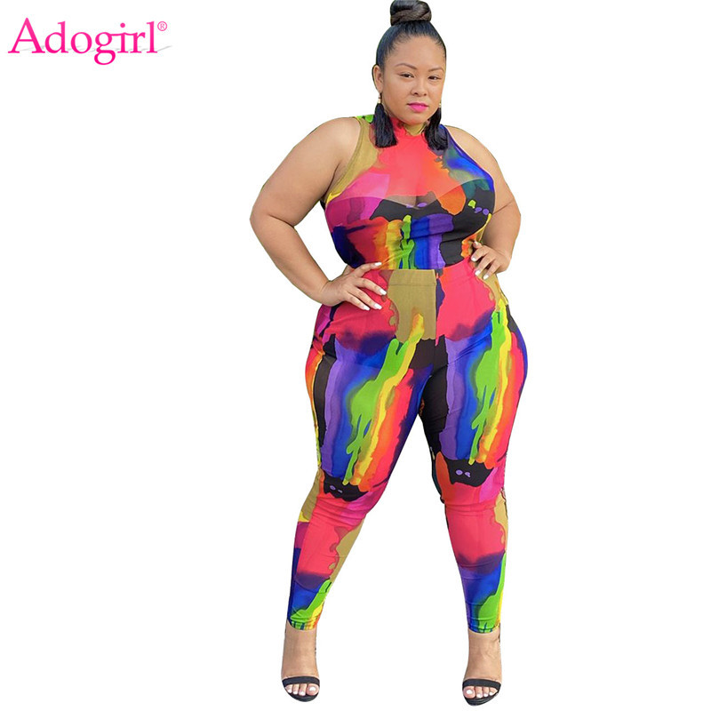 

Adogirl Painted Print Plus Size Women Two Piece Set XL- Mock Neck Sleeveless Shirt Top Pencil Pants Suit Night Club Outfits, Colorful suit