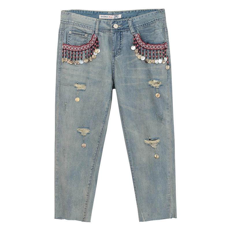 

Spring Fall Vintage Women Emblroidery Beading Ripped Hole Straight Denim Trousers , Casual Femael Woman Beads Jeans Pants, As pic