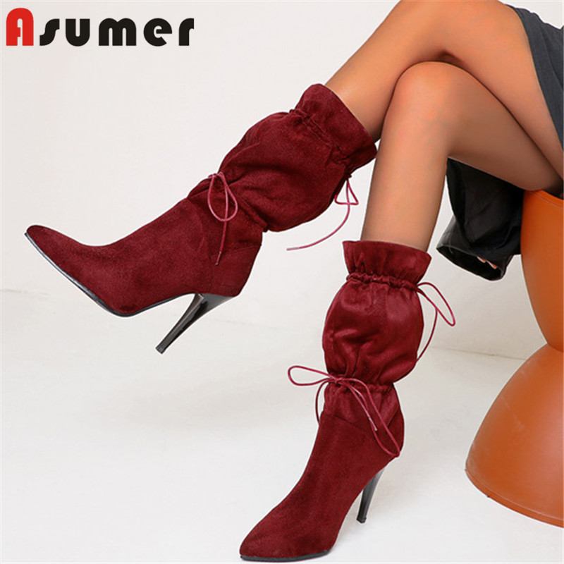 

ASUMER 2020 newest mid calf boots women flock lace up pleated European Style sexy thin high heels prom shoes woman boots, Black