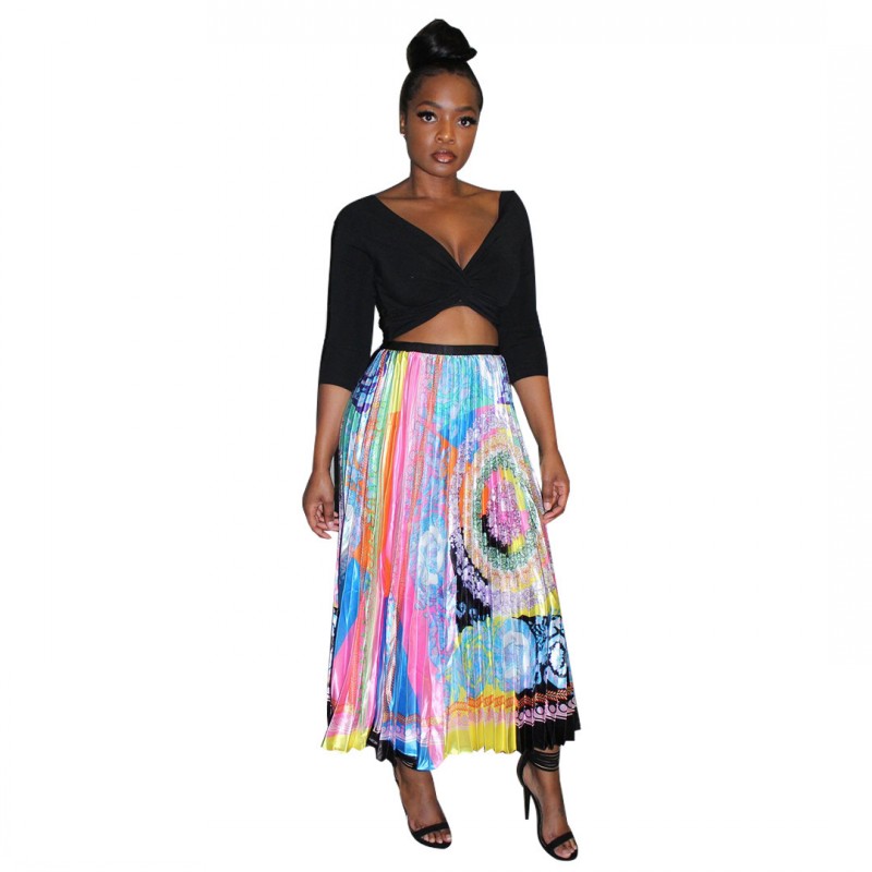 

Summer New Casual Sexy Long Skirts Women And Colorful Print Elegant Elastic Waist Pleated Skirts Woman Fashion Dance Party Skirt, Multi