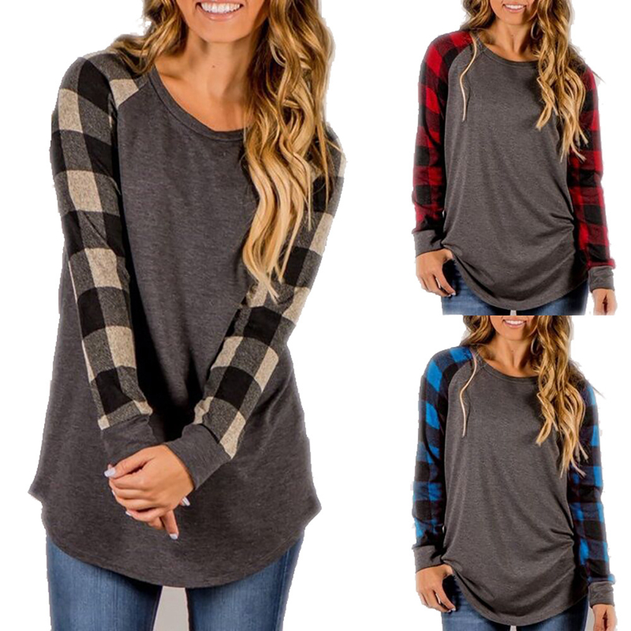 

Buffalo Plaid T-shirts 5 Color Women Checks Patchwork Long Sleeve Round Neck Tops Casual Outdoor Blouse Shirts LJJO8303, As picture