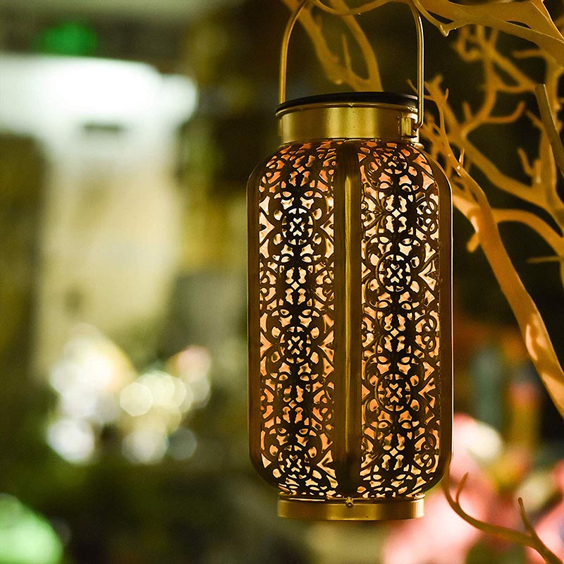 

Solar Lantern Hollow Carved Hanging Bright Lantern with Handle Home Decor --M25