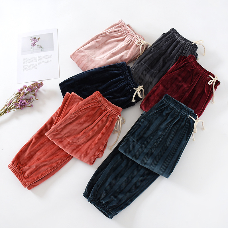 

Autumn/winter sleep pants unisex couples pajamas solid color home pants thickened women's plus warm close-up trousers large size, Women gray