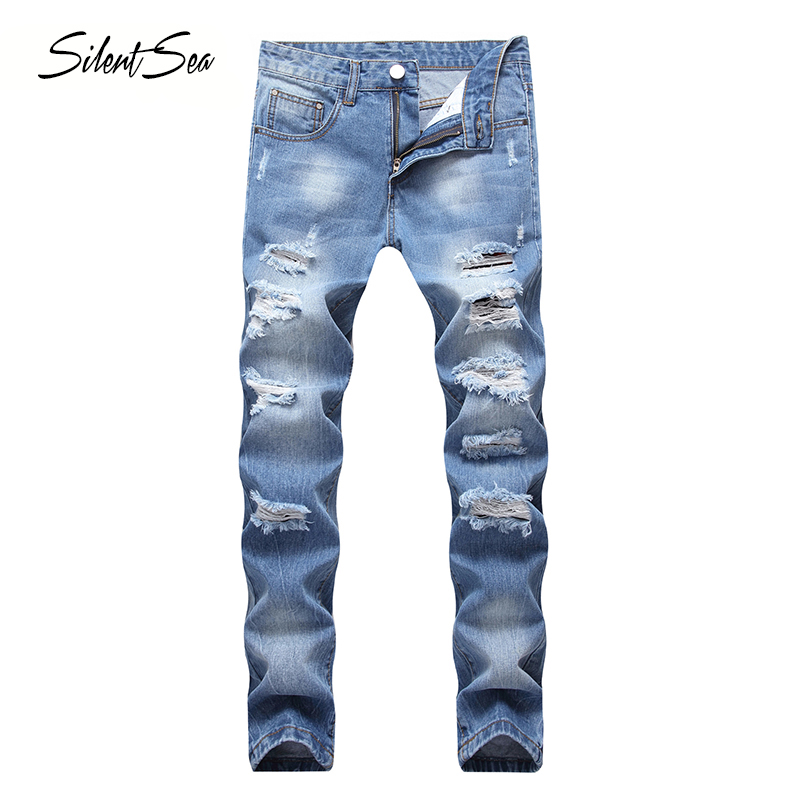 

Silentsea New Arrival brand mens Hole Jeans designer fashion slim biker casual straight motorcycle jeans Destroyed Trousers, Blue