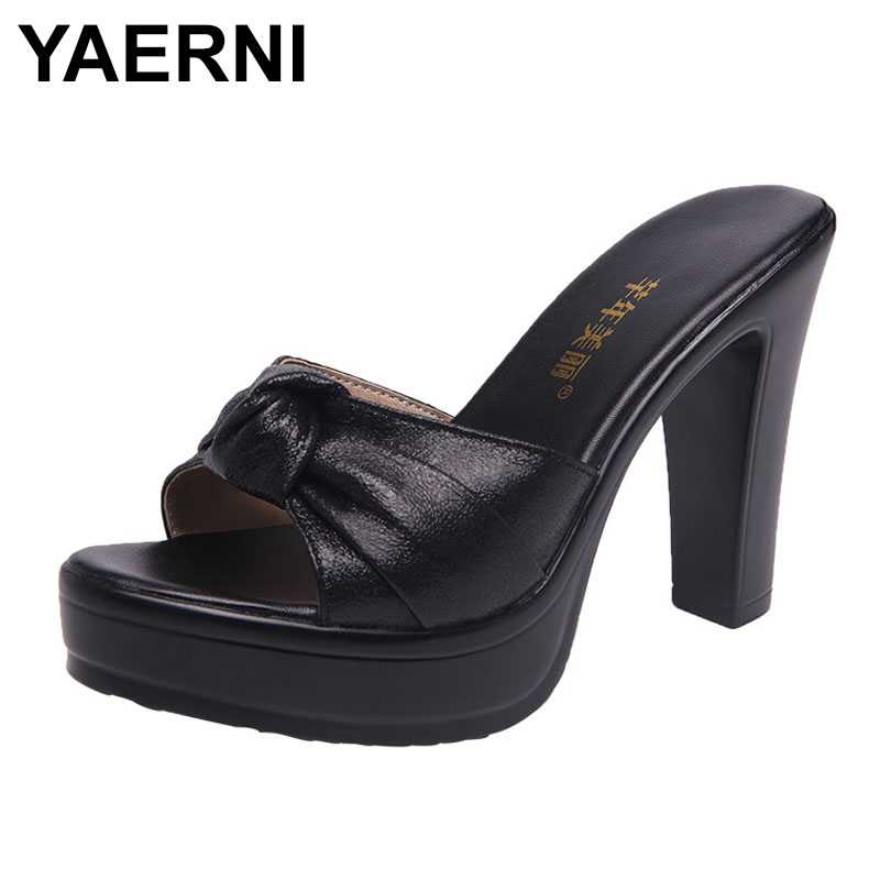 

YAERNIPlus Size 32-43 Block Heel Platform Slippers Women Wedding Shoes Summer 2020Open Head Bow High Heels Slides Ladies Slippe, Black