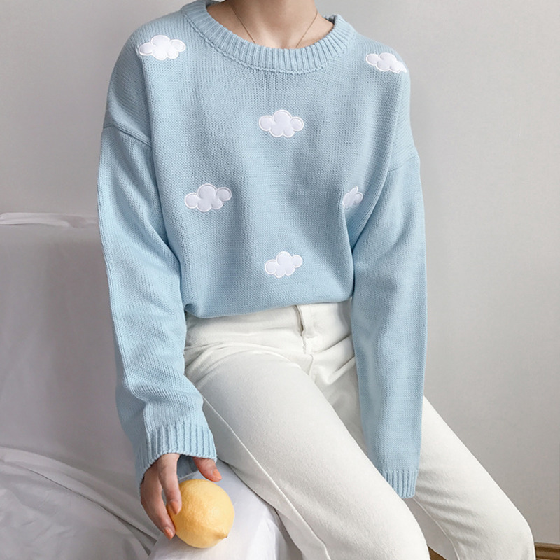 

Kawaii Printed Women Sweaters Spring Autumn Knitted Sweater Female Casual Loose Clouds Sweater Ladies Outwear Clothes New 2020, Blue
