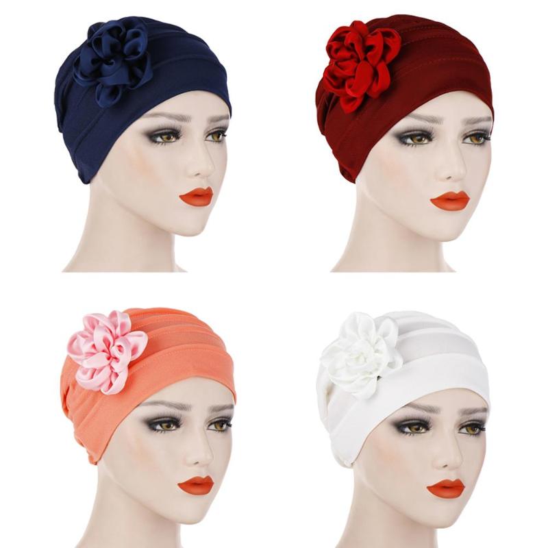 

India Hat Women Muslim Flower Turban Beanie Skullies Bonnet Headscarf Chemo Cancer Cap Wrap Islamic Arab Bandanas Fashion, White
