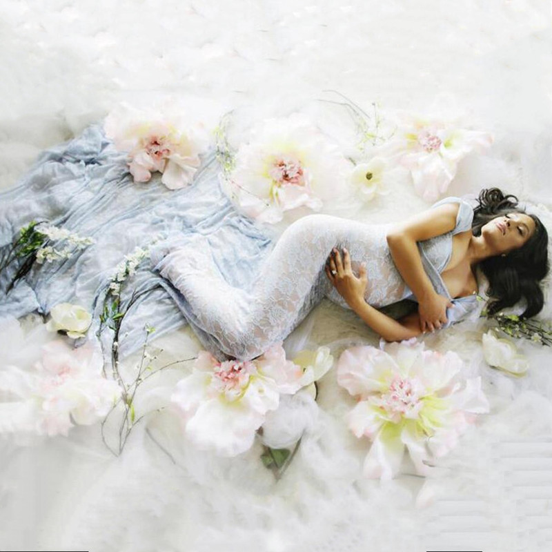 

Lace Maternity Gown Dress Pregnant Clothes Photography Props Perspective Photo Shoot Women Trailing Dress Mother Vestidos, Gray