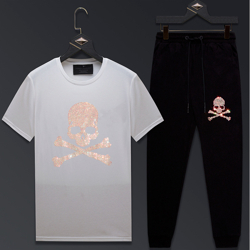 

Men's clothing set with handsome hot drilling T-shirt men's trendy skeleton short sleeve men's trendy brand trendy flow mercerized cotton, White