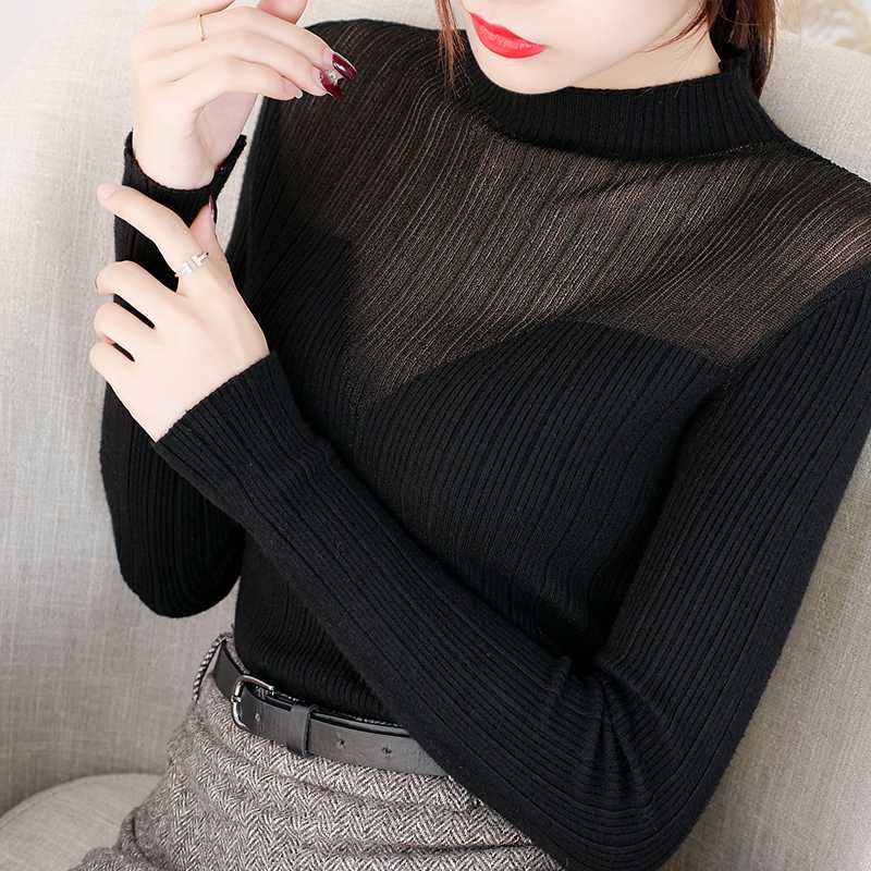 

Turtleneck Sweater Womens Autumn Winter Slim Mesh Tops Korean Pullover Jumper Knitted Sweater Pull Femme Green, Black