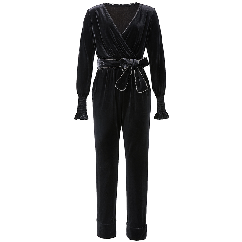 

PERHAPS U black v neck full sleeve velour velvet sash jumpsuits elegant sexy party long sleeve fall autumn women J0028, As pic
