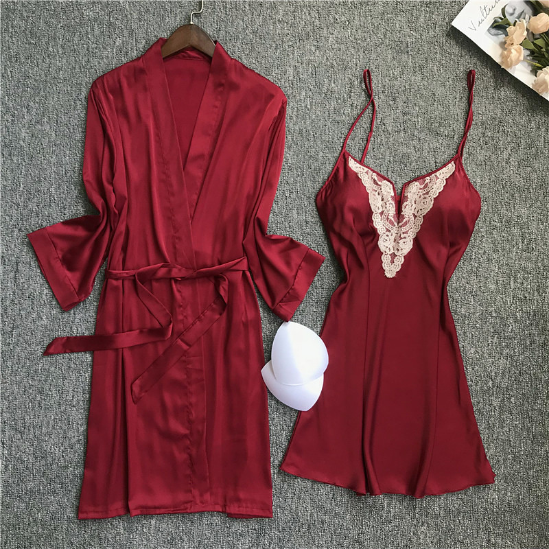

Sexy Robe Nightdress Set New Women's Sleepwear Satin Silk Robe Female Lace Bathrobe Womens Loose Robes Ladies Pijama Mujer Femme, Black