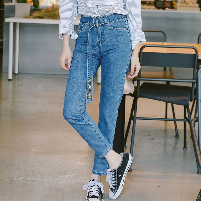 

Korean Embroidered Straight Womens Jeans Washed High Waisted Korean Denim Jeans Bleached Feminino, Blue