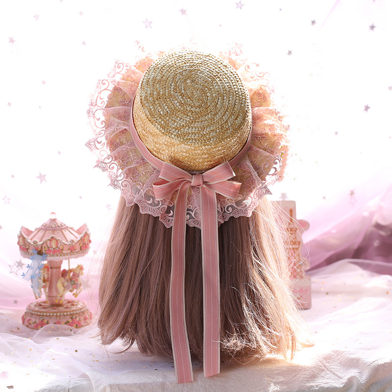 

Sweet Pink Lace Straw Hat Women Summer Lolita Hipster Mori Girl Visor Hat Japanese Chic Style Ladies Beach Wide Brim Sun Cap, Multi